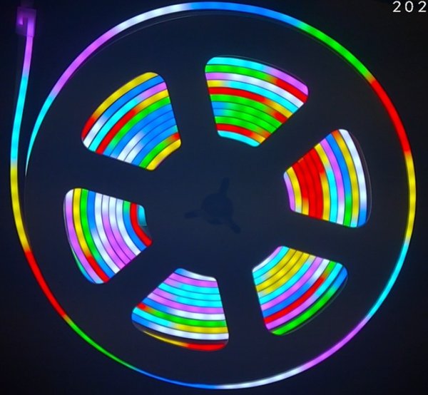 Spool of waterproof RGB strip, lit