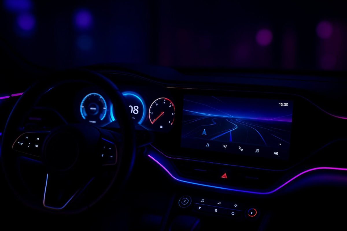 Car cockpit at night with ambient light line and instrument displays